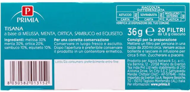 Tisana a base di melissa, ortica, sambuco ed equiseto ingredients label
