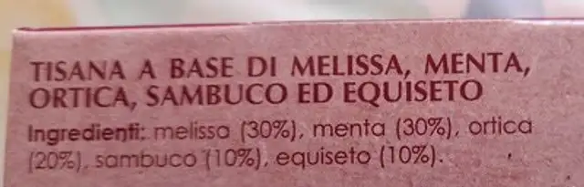 Tisana a base di melissa, ortica, sambuco ed equiseto nutrition facts table