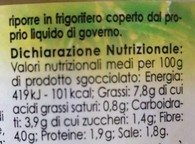 Carciofi grigliati in olio di semi di girasole nutrition facts table