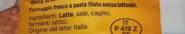 Mozzarella senza lattosii ingredients label