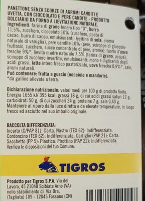 Panettone pere e cioccolato nutrition facts table