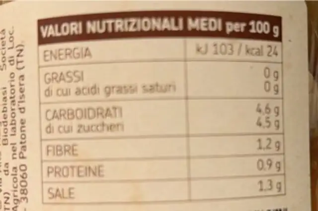 Mix verdure agrodolce nutrition facts table