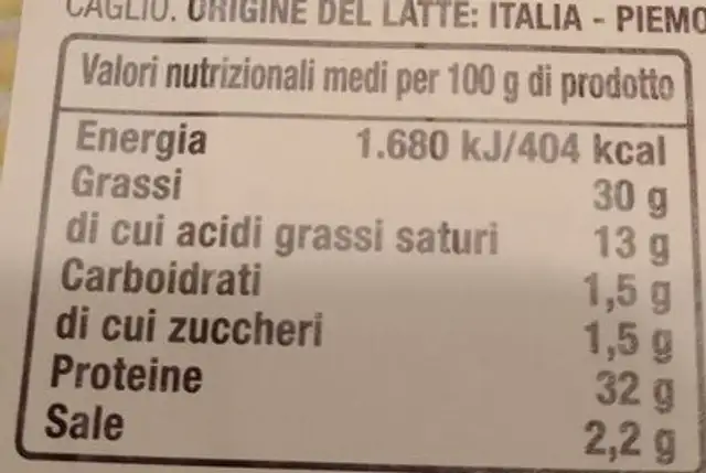 La punta nutrition facts table