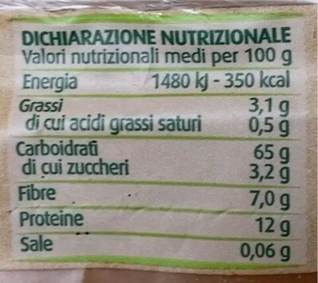 Pasta integrale nutrition facts table
