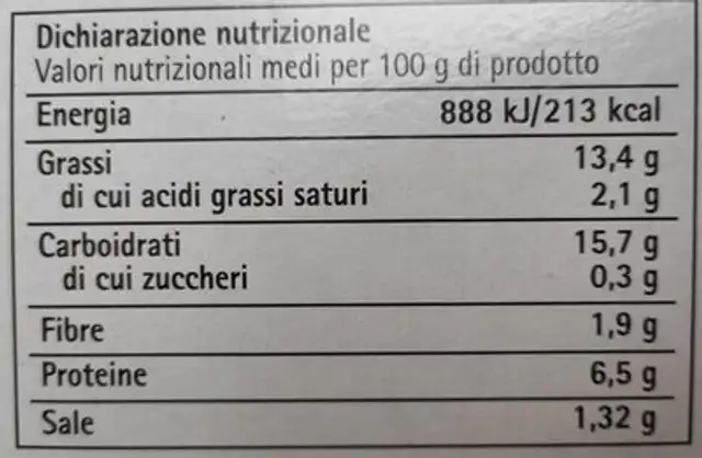 Farinata di ceci cotta in forno e surgelata, Percorsi di Gusto nutrition facts table