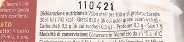 Burro salato nutrition facts table