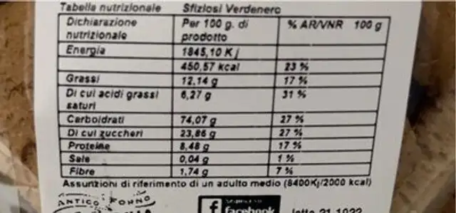 Biscotti pistacchio e cioccolato nutrition facts table