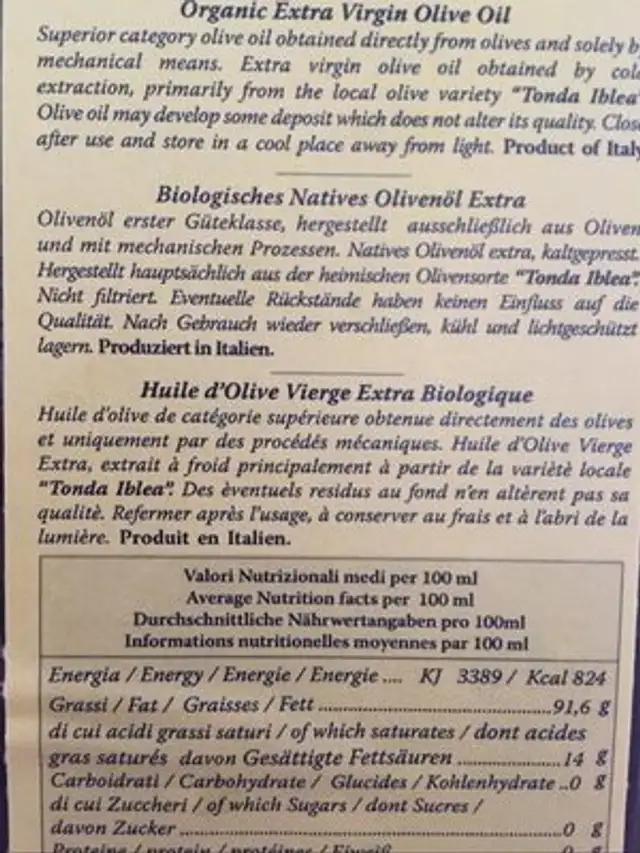 Frantoi Cutrera Primo Organic Extra Virgin Olive Oil, 24.5 FL Oz ingredients label