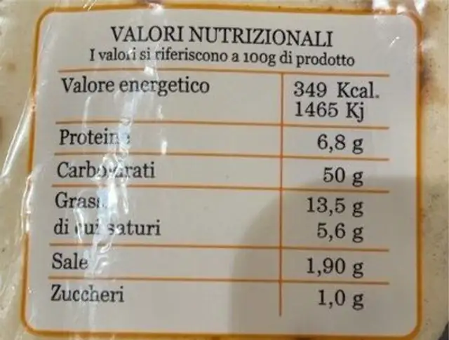Piadina Montefeltro nutrition facts table
