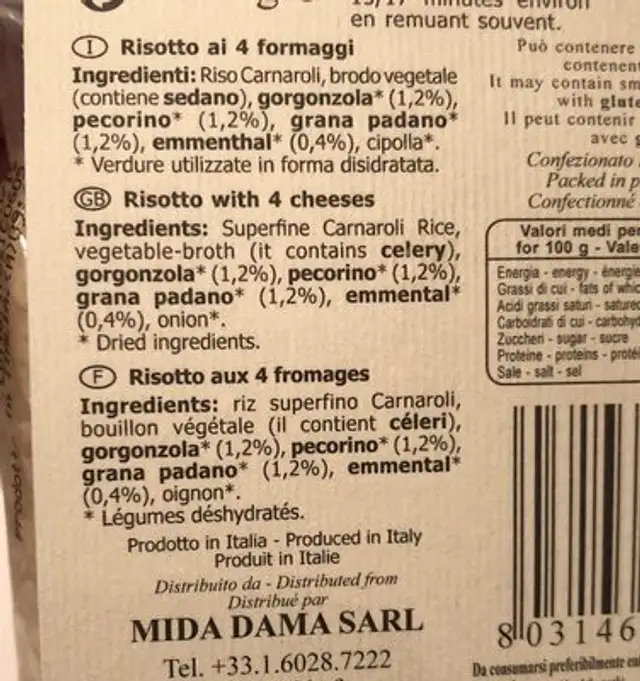 Risotto Aux 4 Fromages ingredients label
