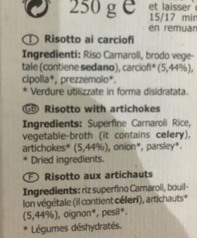 Risotto ai carciofi ingredients label