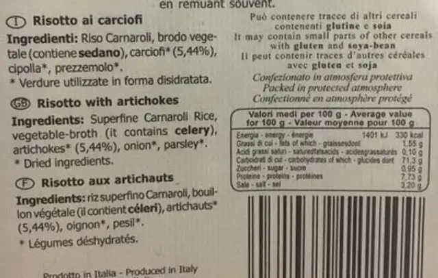 Risotto ai carciofi nutrition facts table