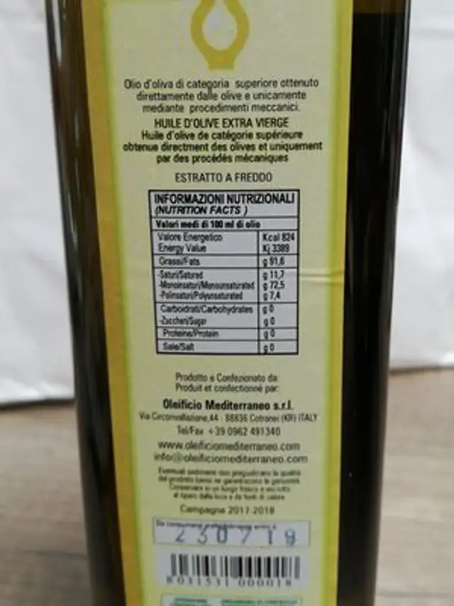 Huile d'olive ingredients label