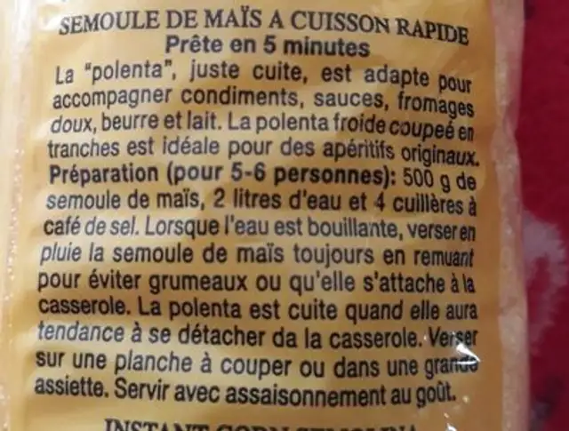 Polenta Instantanee ingredients label