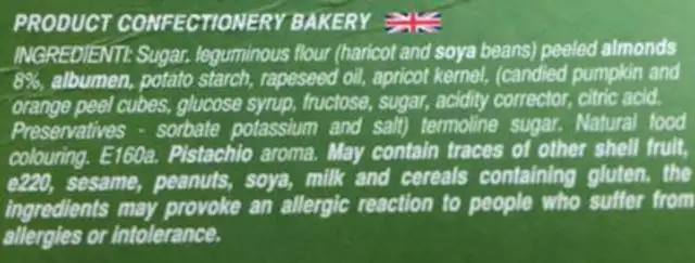 Amaretna Pistacchio ingredients label