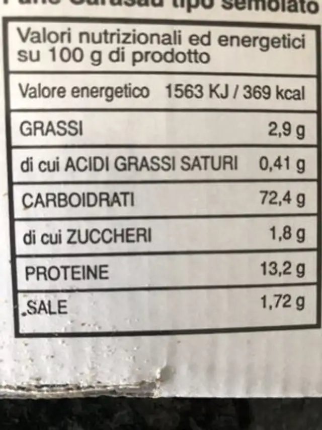 Pane Carasau ingredients label