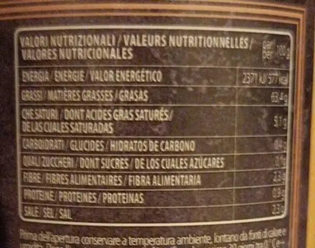 Samouraï nutrition facts table