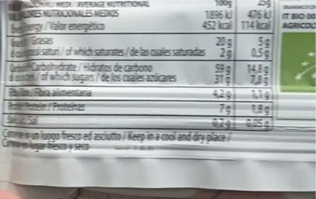 Barretta Biologica Macadamia nutrition facts table