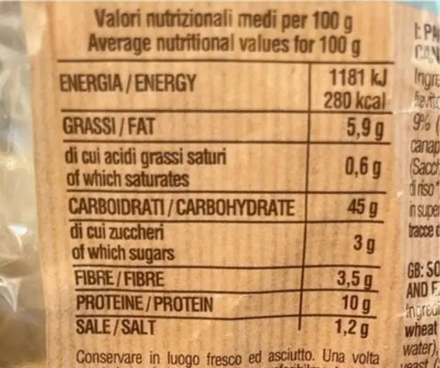 Superpane canapa nutrition facts table