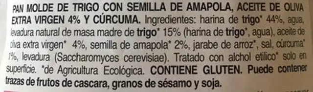 Superpane con cúrcuma y semilla amapola ingredients label