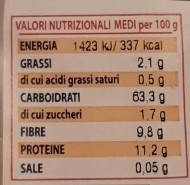 Fiocchi bio orzo nutrition facts table