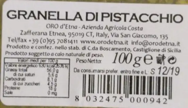 Granella di pistacchio ingredients label