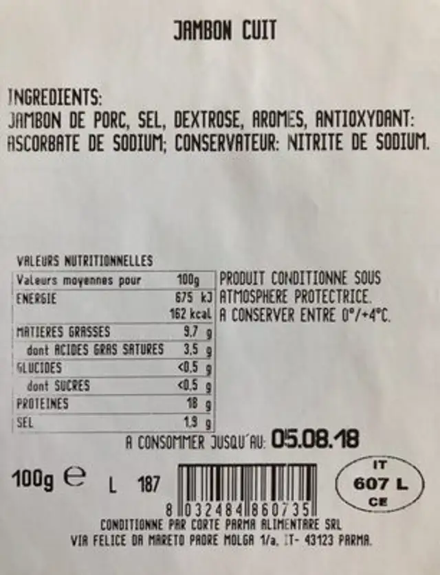 Jambon cuit ingredients label