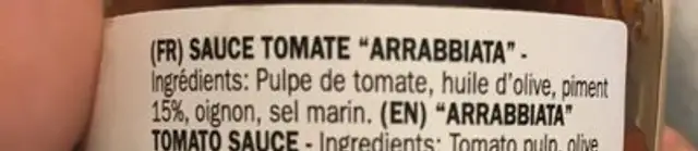 Sugo alla arrabbiata ingredients label