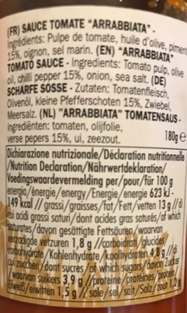 Sugo alla arrabbiata nutrition facts table