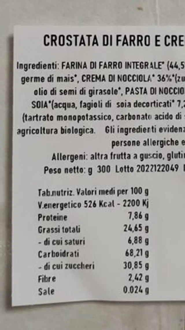 Crostata di farina farro e nocciole nutrition facts table
