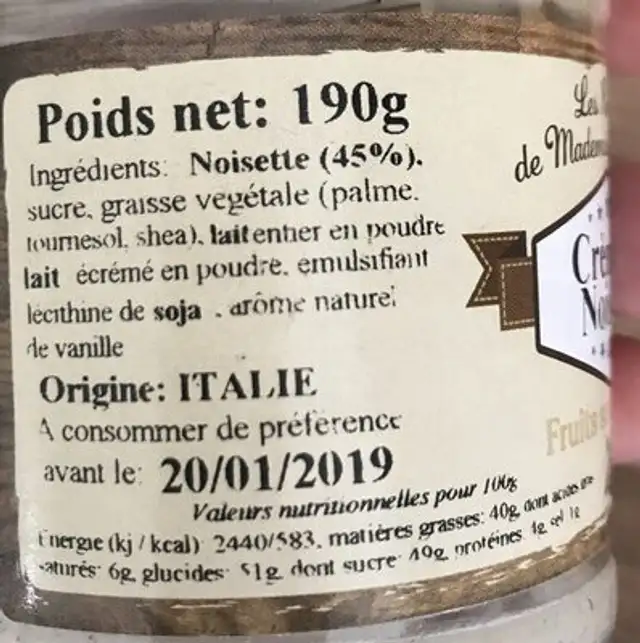 Creme de noisette ingredients label