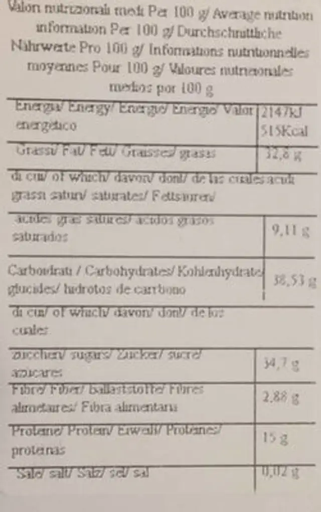Pasta di mandorle con pistacchio nutrition facts table