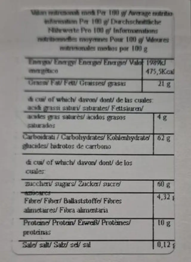 Sfoglie di croccante al pistacchio di Sicilia nutrition facts table