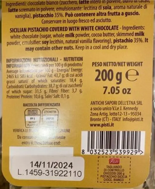 Chiccosi’ nutrition facts table