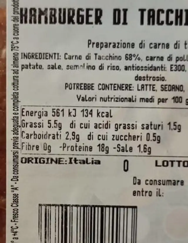 Hamburger di tacchino nutrition facts table