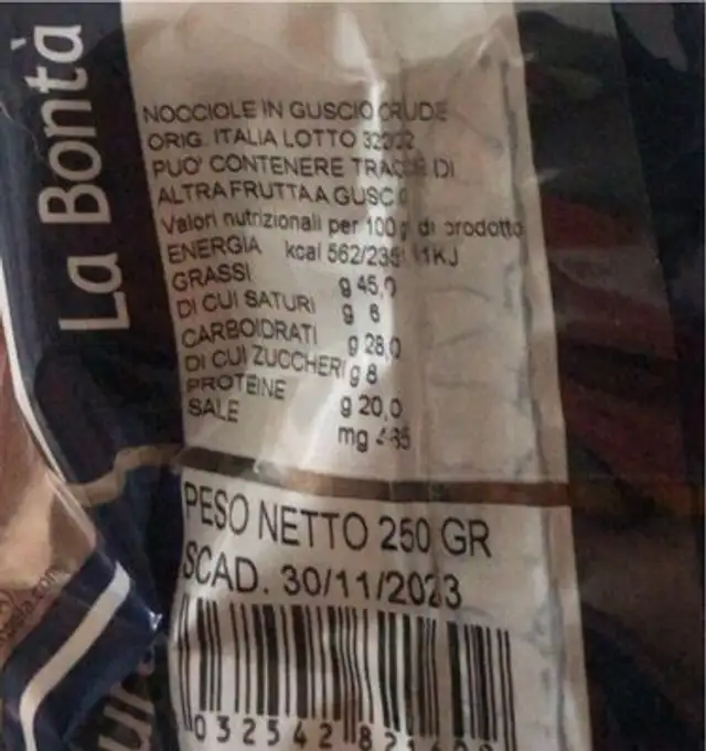 Nocciole nutrition facts table