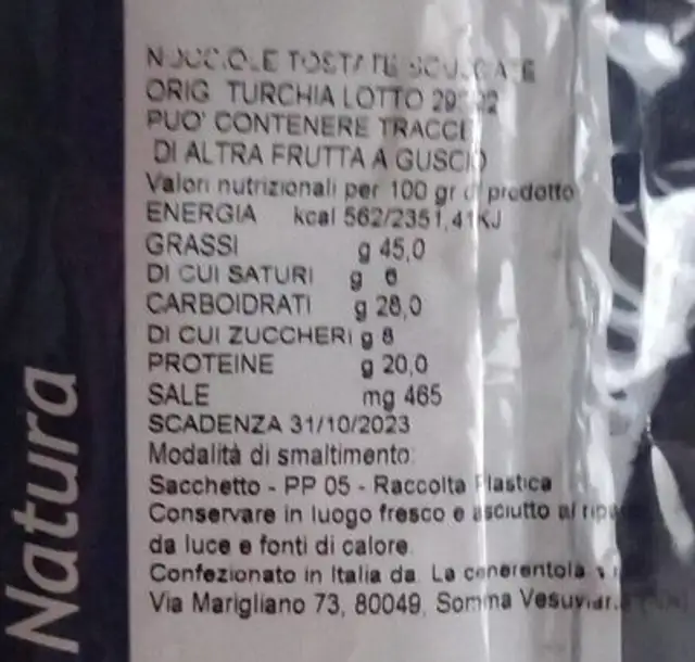Nocciole nutrition facts table