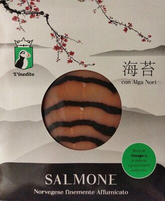 Salmone norvegese finemente affumicato con alga nori front packaging
