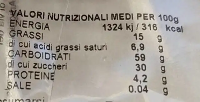 Rustichelle albicocca nutrition facts table