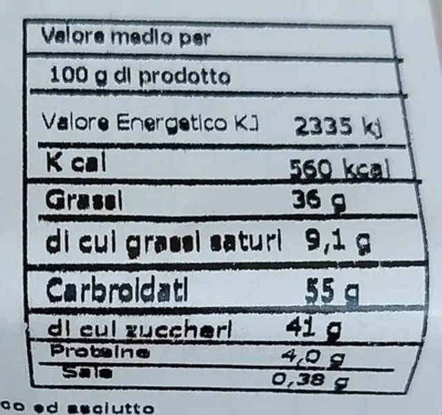 Bugie ripiene alla nocciola nutrition facts table