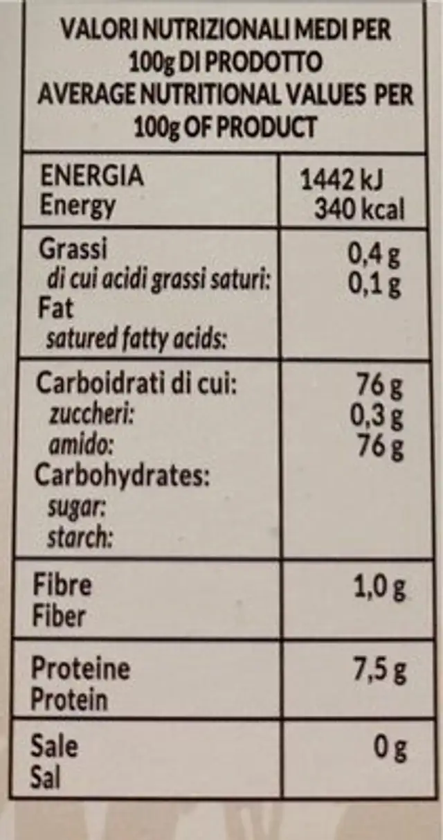 Riso del delta del Po I.G.P. nutrition facts table