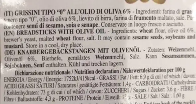 Spaccatini nutrition facts table