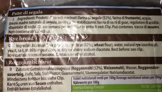 Pane rustico di segale integrale ingredients label