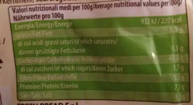 Pane rustico di segale integrale nutrition facts table