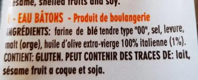 Grissini stirati à Mano all'Acqua ingredients label