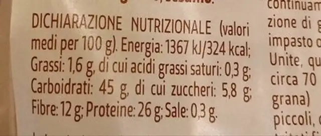 Farina di lenticchie nutrition facts table
