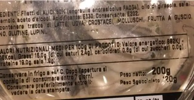 Filetti di alici marinate nutrition facts table