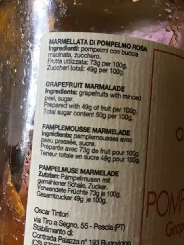Marmellata di pompelmo rosa ingredients label
