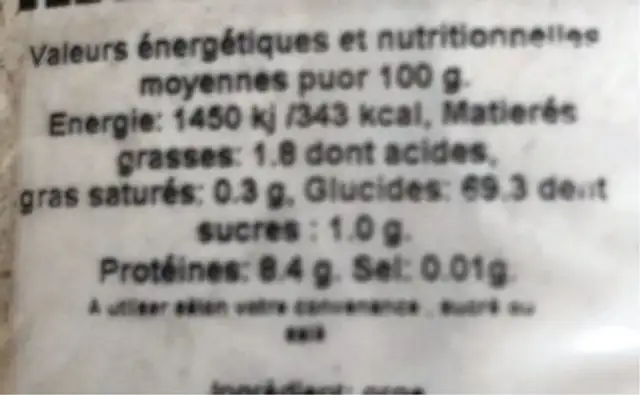 Farine d’orge nutrition facts table