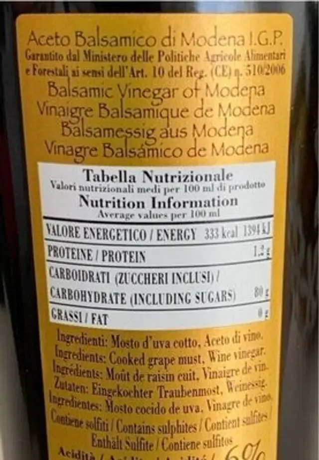 Aceto Balsamico di Moderna I.G.P nutrition facts table